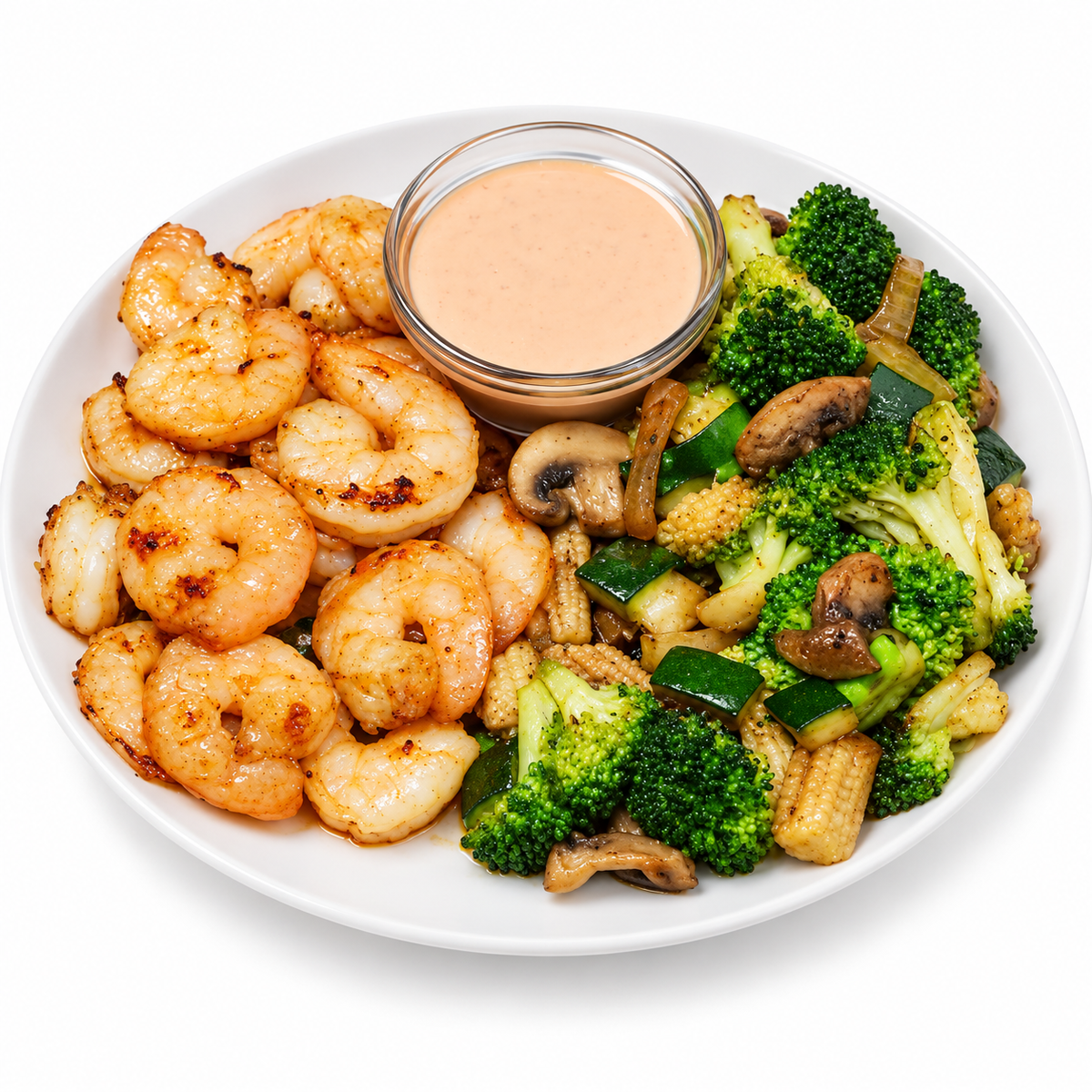 KETO HIBACHI SHRIMP & VEGGIES on a white plate