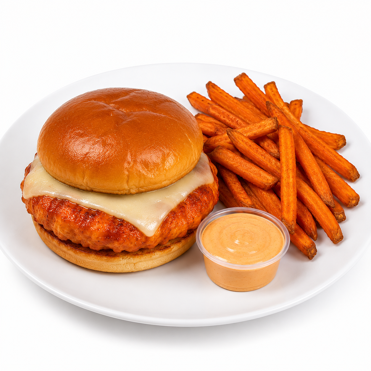 PROTEIN PLUS! BUFFALO CHICKEN BURGER WITH SWEET POTATO FRIES