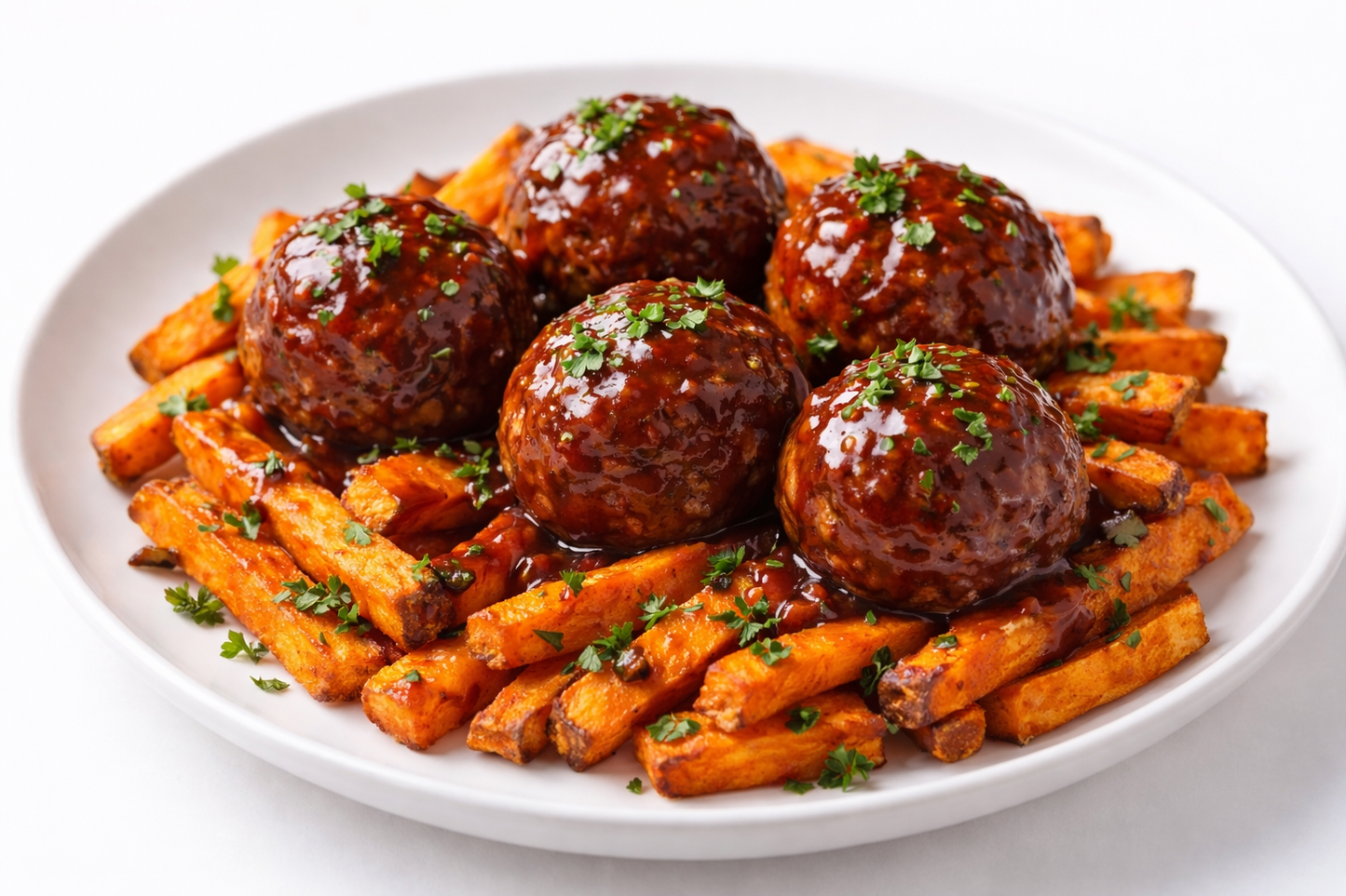 HMD VALUE MEAL: ZESTY BBQ MEATBALLS AND SWEET POTATO FRIES