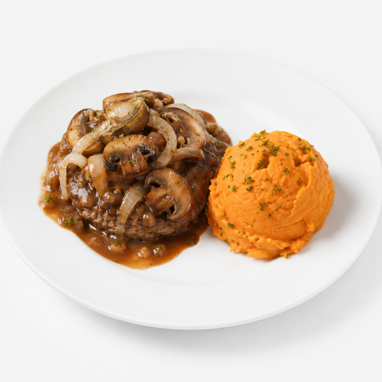 SMOTHERED BEEF BURGER SWEET POTATO MASHED