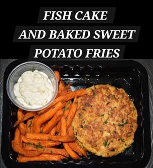 FISH CAKE WITH BAKED SWEET POTATO FRIES