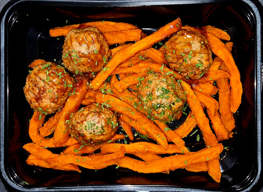 HMD VALUE MEAL: ZESTY BBQ MEATBALLS AND SWEET POTATO FRIES