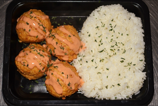 PROTEIN PLUS! BUFFALO CHICKEN MEATBALLS AND JASMINE RICE