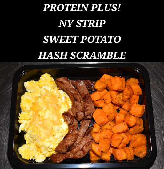 PROTEIN PLUS! GRILLED NY STRIP SWEET POTATO HASH SCRAMBLE