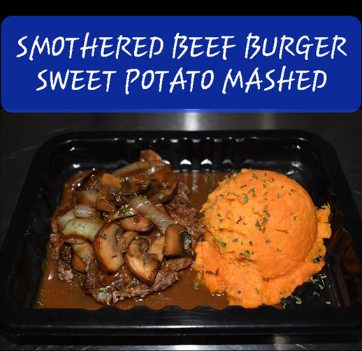 SMOTHERED BEEF BURGER SWEET POTATO MASHED