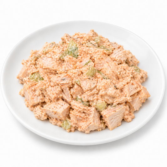ALL WHITE MEAT CHICKEN SALAD on a white plate