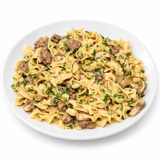 BEEF STROGANOFF on a white plate
