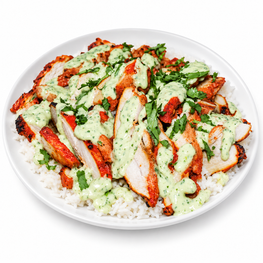 PROTEIN PLUS! CILANTRO LIME CHICKEN JASMINE RICE BOWL on a white plate