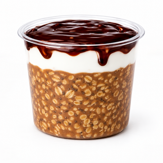 CAFE MOCHA OVERNIGHT OATS in a cup on a white background