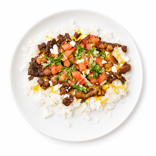 CARNE ASADA RICE BOWL on a white plate