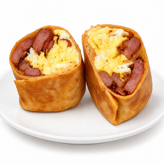 CHORIZO AND EGG GRILLED BREAKFAST WRAP on a white plate