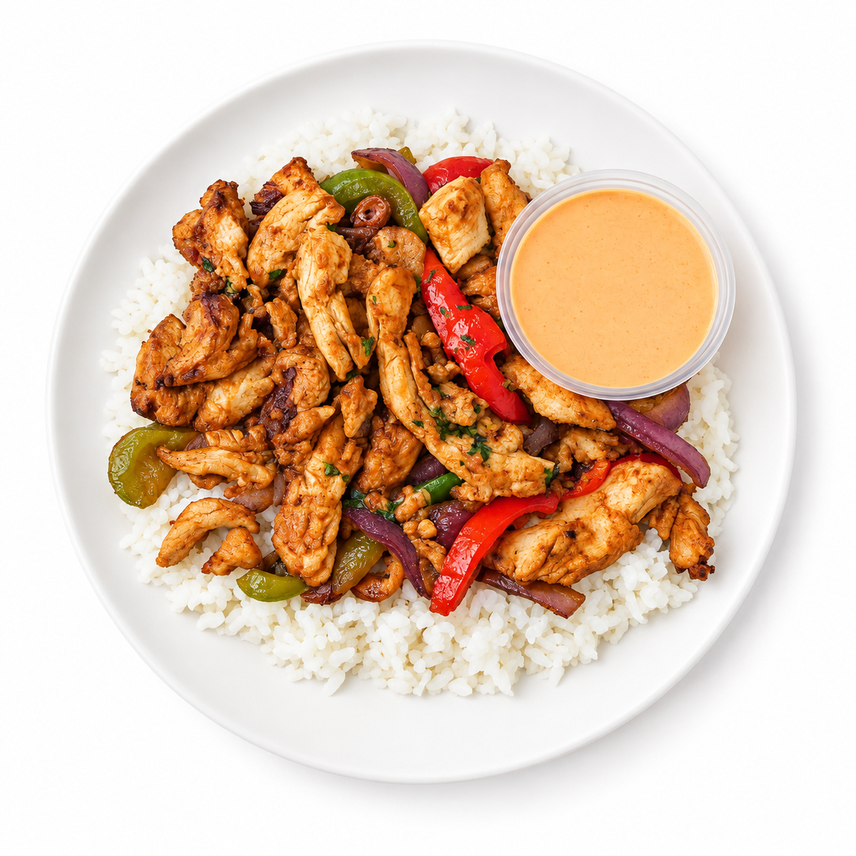 CLEAN CHICKEN FAJITA RICE BOWL on a white plate
