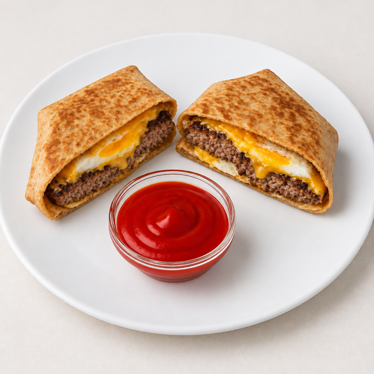 Egg and cheese burger in a toasted low-carb tortilla with ketchup on a white plate