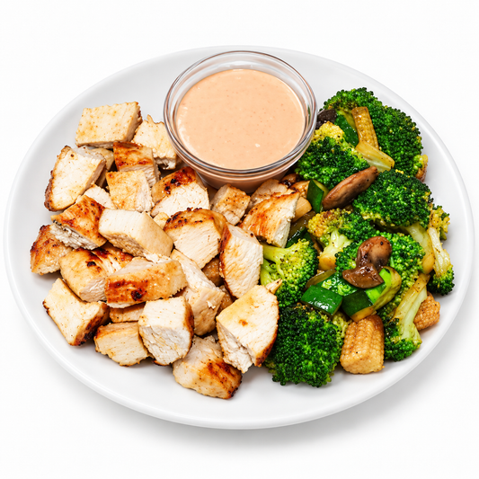 KETO HIBACHI CHICKEN & VEGGIES on a white plate