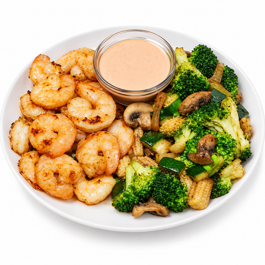 KETO HIBACHI SHRIMP & VEGGIES on a white plate