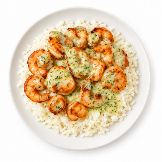 KETO LEMON DILL GRILLED SHRIMP CAULIFLOWER RICE BOWL on a white plate