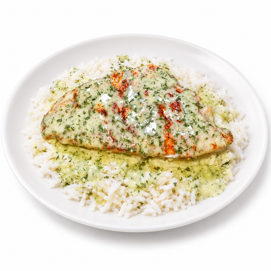LEMON DILL WHITE FISH JASMINE RICE BOWL on a white plate
