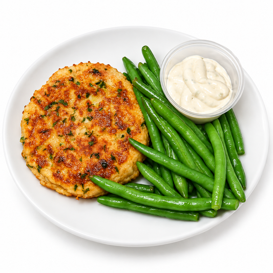 LOW CARB FISH CAKE AND GREEN BEANS on a white plate