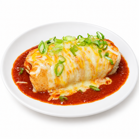 LOW CARB PULLED CHICKEN ENCHILADA (RED SAUCE) on a white plate