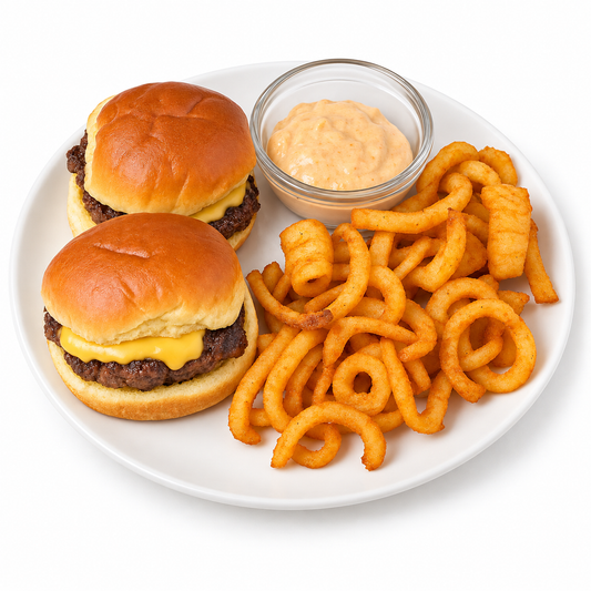 PROTEIN PLUS!  FIT MAC SLIDERS & CURLY FRIES on a white plate