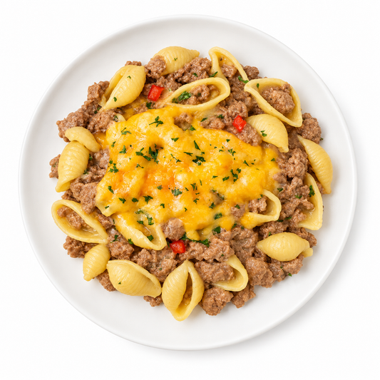 PROTEIN PLUS! PHILLY CHEESESTEAK PASTA on a white plate