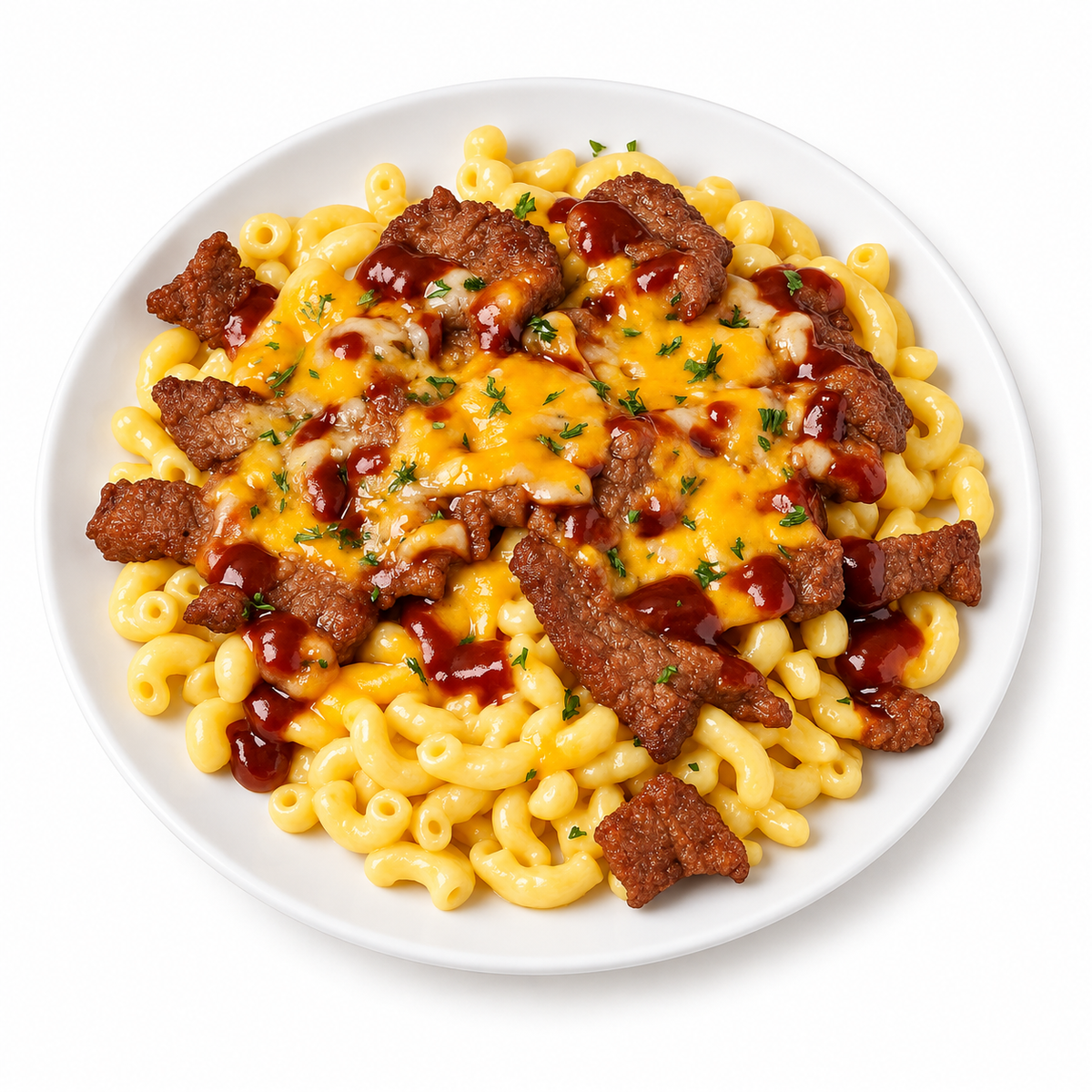 PROTEIN PLUS!  STEAK MAC & CHEESE on a white plate