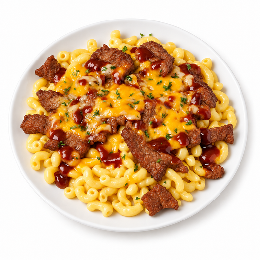 PROTEIN PLUS!  STEAK MAC & CHEESE on a white plate