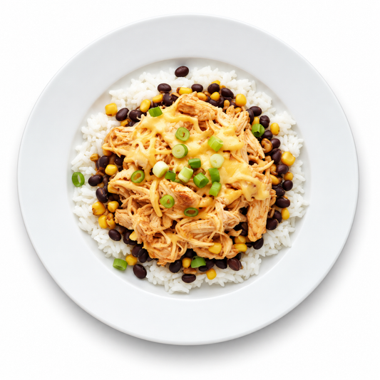 PULLED CHICKEN TACO BOWL on a white plate