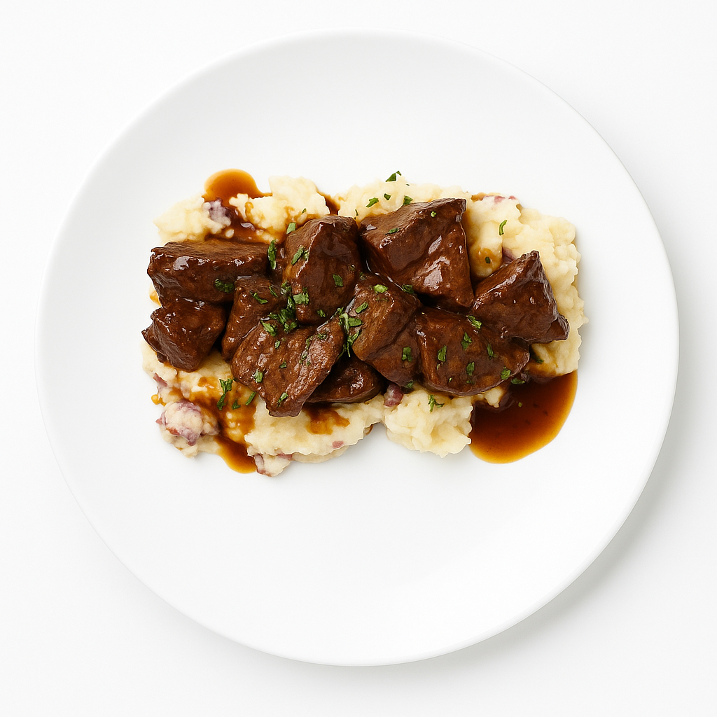 PROTEIN PLUS! STEAK TID BITS WITH DEMI-GLACE AND GARLIC MASH