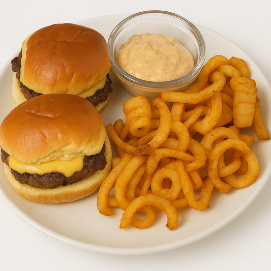 PROTEIN PLUS!  FIT MAC SLIDERS & CURLY FRIES