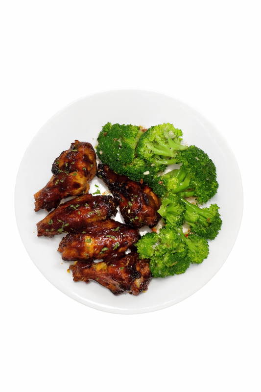 LOW CARB JERK BBQ CHICKEN WINGS & BROCCOLI