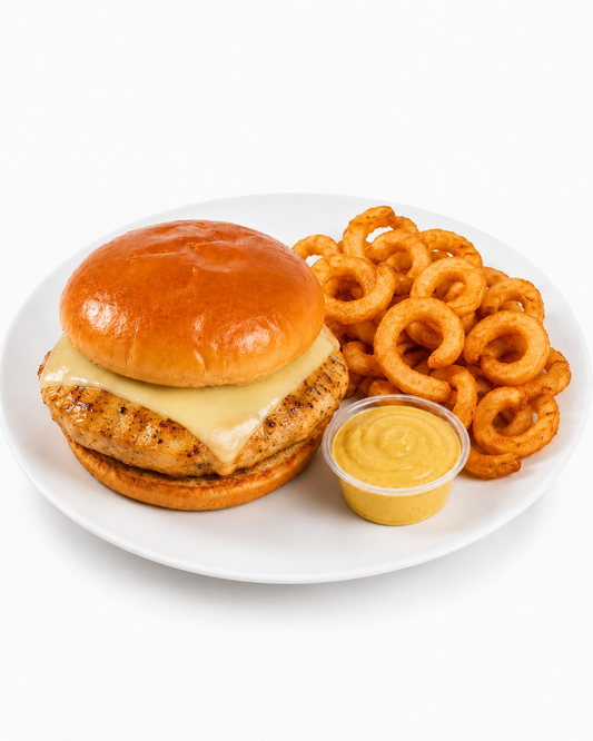 PROTEIN PLUS! HONEY MUSTARD CHICKEN BURGER WITH CURLY FRIES