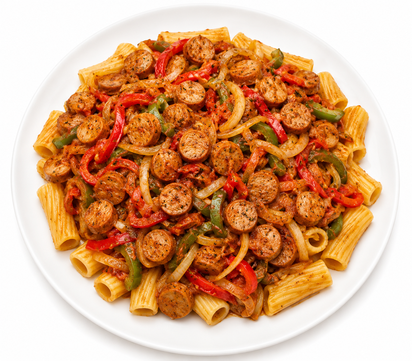 CHICKEN SAUSAGE & PEPPERS OVER WHOLE WHEAT RIGATONI