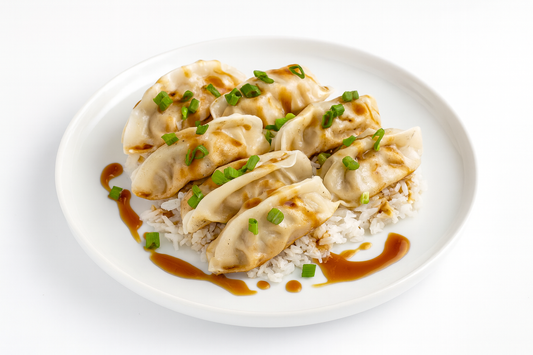 PAN SEARED TERIYAKI CHICKEN DUMPLINGS WITH JASMINE RICE
