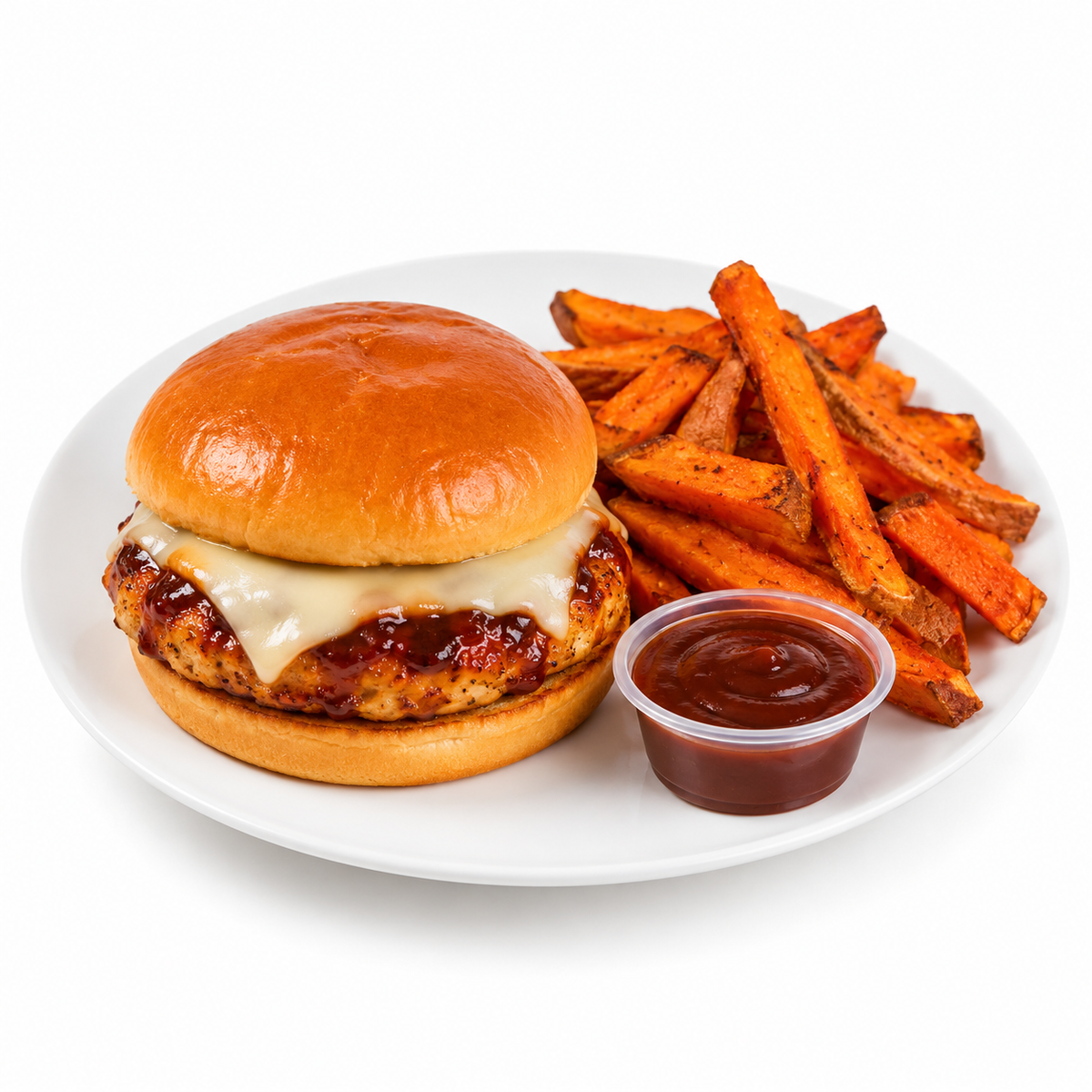 PROTEIN PLUS! BBQ CHICKEN BURGER WITH SWEET POTATO FRIES