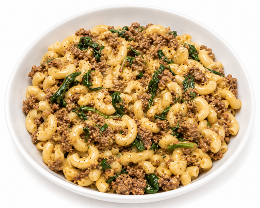 BEEFY SPINACH MAC N CHEESE BOWL