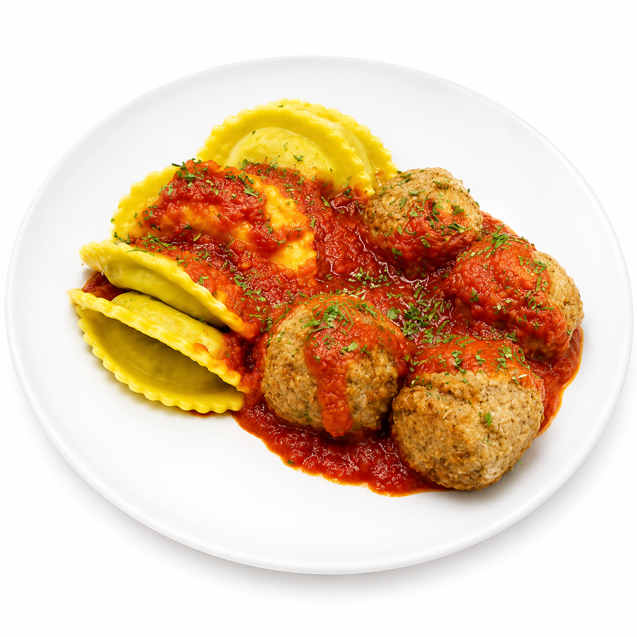 SPINACH GARLIC MEZZALUNA RAVIOLI AND MEATBALLS