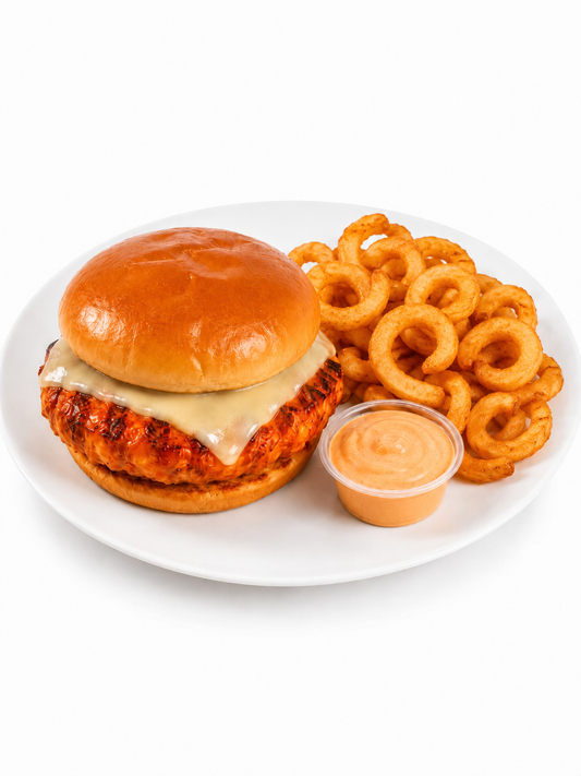PROTEIN PLUS! BUFFALO CHICKEN BURGER WITH CURLY FRIES