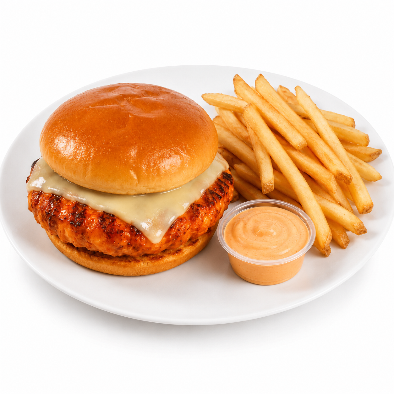 PROTEIN PLUS! BUFFALO CHICKEN BURGER WITH FRENCH FRIES