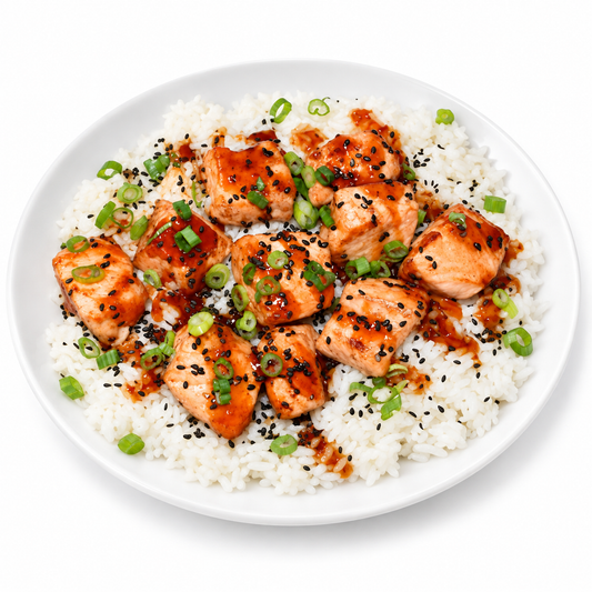 SESAME GINGER SALMON on a white plate
