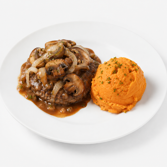 SMOTHERED BEEF BURGER SWEET POTATO MASHED