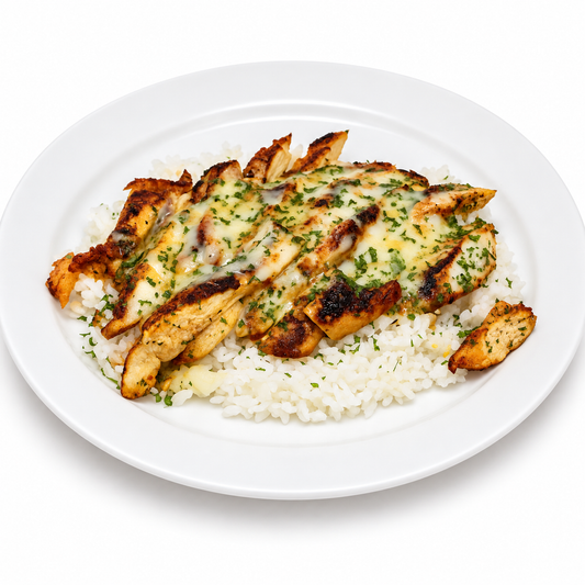 SPICY HABANERO JACK CHICKEN RICE BOWL on a white plate