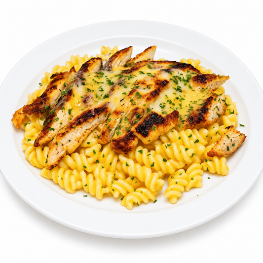 SPICY HABANERO JACK GRILLED CHICKEN MAC N CHEESE on a white plate